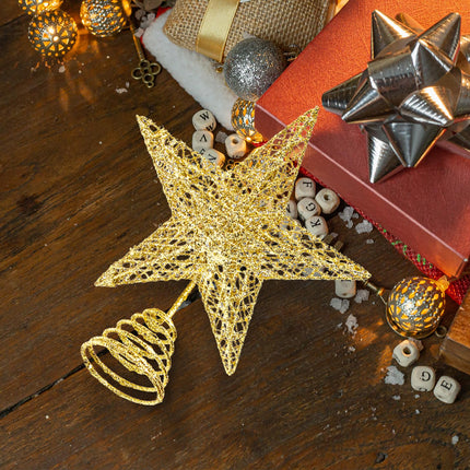 Christmas Tree Topper, 10" Gold Glittered Star with Hollow Design, Tree Topper Star for Christmas Tree Decoration