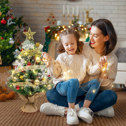 Tabletop Christmas Tree, 24 Inch Mini Artificial Christmas Tree with LED String Lights, Star Tree Topper, and Hanging Ornaments, Small Christmas Tree with Lights for Holiday DIY Christmas Decorations