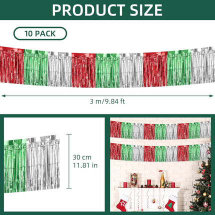 10 Pack 10 Feet Christmas Foil Fringe Garland Red Silver Green Fringe Garland for Christmas Party Decorations Christmas Parade Float Fringe Tinsel Fringe Banner for Birthday Party Year Decor