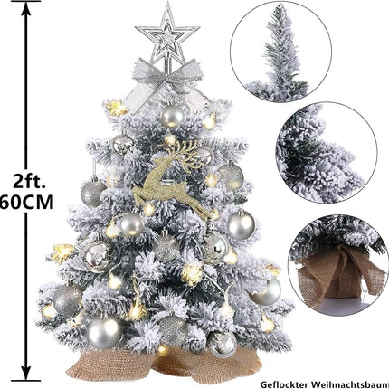 Mini Christmas Tree with Lights,24In/2ft Snow Flocked Pre-lit Tabletop Christmas Tree with 19 Decorations,Artificial Small Christmas Tree -for Table Desk Home Christmas DIY Decor