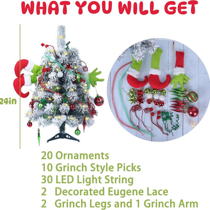 Small Christmas Tree - Mini Christmas Tree with Grinch Ornaments, Flocked Tabletop Christmas Tree, Grinch Christmas Decorations, Grinch Tree, 2 Ft Christmas Tree