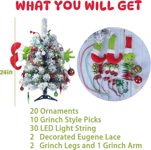 Small Christmas Tree - Mini Christmas Tree with Grinch Ornaments, Flocked Tabletop Christmas Tree, Grinch Christmas Decorations, Grinch Tree, 2 Ft Christmas Tree