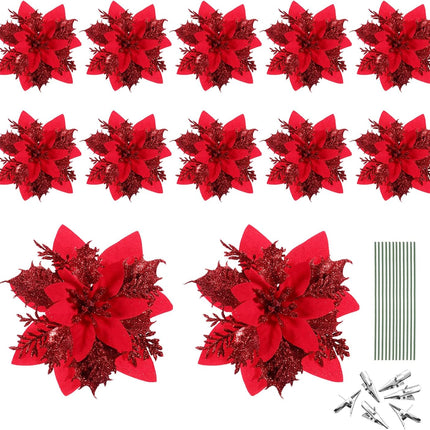 NUOBESTY 12 Pieces Christmas Glitter Poinsettia Flowers Christmas Tree Ornaments Artificial Flowers for Christmas Tree Decoraiton with Stems and Clips (Red)