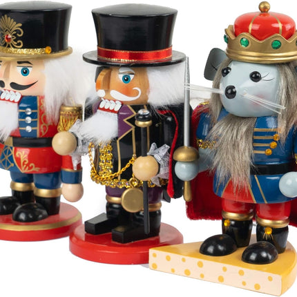 FUNPENY 3 Set Christmas Nutcrackers Figures, 7 Inch Handmade Wooden Mouse King Soldier and Pirate Traditional Nutcracker Decorations for Fall Festive Christmas Desktop Collectible Decor
