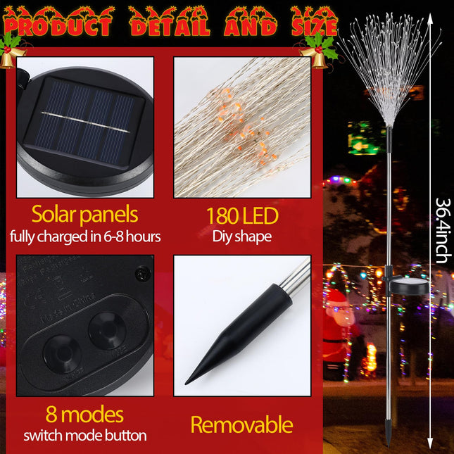 4 Pcs Christmas Solar Firework Stake Lights 180 LED 8 Modes Christmas Solar Lights Waterproof LED Sparkler Lights Outdoor Decoration for Xmas Holiday Garden Patio Yard Pathway Walkway