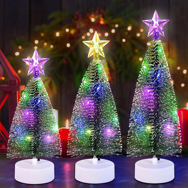 3 Pcs Mini Christmas Tree with Lights, 7/8.6/9.5 Inch Multi-Color Artificial Tabletop Small Tiny Pine Christmas Tree, Bottle Brush Xmas Trees for Indoor Table Top Christmas Tree Decorations