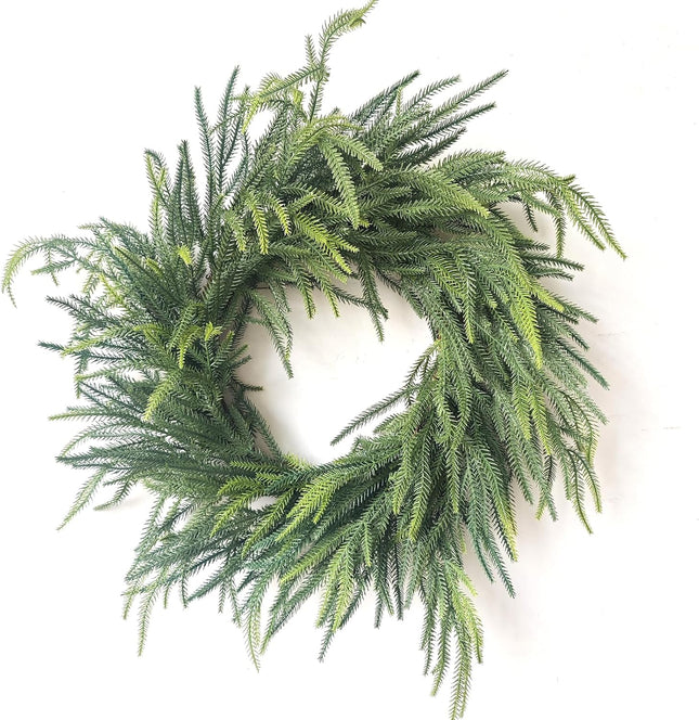 24" Real Touch Norfolk Pine Christmas Wreath, Artificial Faux Evergreen Wreath, Realistic Winter Wreath Greenery Decoration for Front Door Window Home Wall Farmhouse Holiday Outdoor Indoor Décor