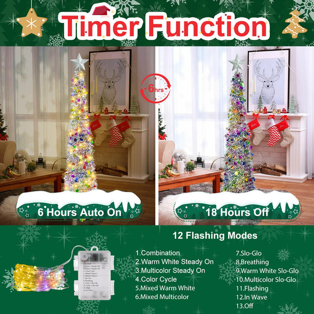6FT Pop up Christmas Tree with 100 LED Multi-Colored Lights, Artificial Tinsel Xmas Tree, Battery Operated Pencil Tree Christmas Decoraitons Indoor Outdoor for Holiday Home Party Decorations (Silver)