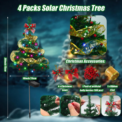 Libima 4 Pcs 30 Inch Solar Christmas Tree Lights Outdoor Waterproof 80 Led Solar Stake Lights Xmas Tree Garden Decor with 4 Bows 100 Artificial Berries and Ribbon for Holiday Party Yard Patio Pathway