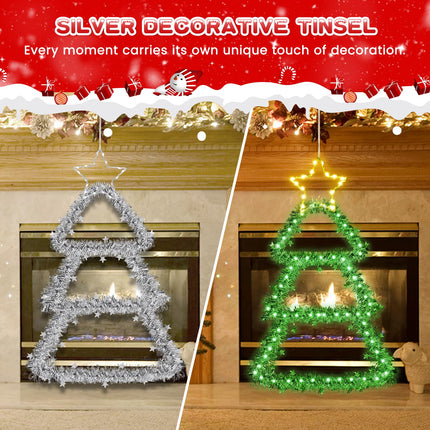 LED Christmas Decorations Lights, Green Lighted Christmas Tree with Silver Tinsel and Warm White Star Topper, Battery Operated Hanging Lights for Indoor Outdoor, Window Wall Door Home Decor