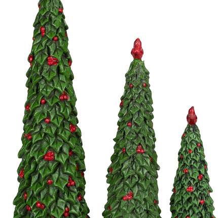 Set of 3 Sculpted Resin Holly Christmas Trees with Red Cardinals and Berries, 6, 9 and 12 Inches High