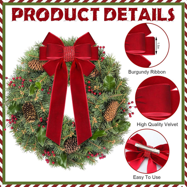 15 Sets Christmas Velvet Bows for Tree 6.7'' x 3.9'' Christmas Wreath Bows with Rhinestone DIY Christmas Tree Topper Bow Ornaments for Xmas Holiday Party Decoration Wrapping(Red)
