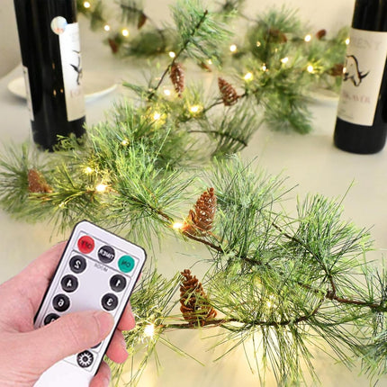 Christmas Smokey Pine Garland with Lights 6.56FT Remote Garland with Timer 30 LED Fairy Lights Battery Operated Garland Lights with Pinecones Greenery Garland Christmas Pre-lit Lights for Home