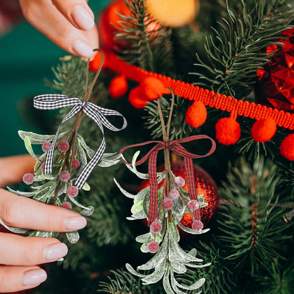 2 Pcs Christmas Mistletoe Decor, Xmas Mistletoe Hanging Ornament with Plaid Bow, Artificial Red Berry Mistletoe Decorations Glitter Christmas Tree Accessories Mistletoe Kissing Ball(Red+White)