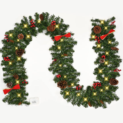 Dolicer 9Ft Christmas Garland with 50Lights, Battery Operated Christmas Lighted Garland Prelit Christmas Garland with Pine Cones Christmas Decoration Xmas Pine Garland for Mantle Home Indoor Fireplace