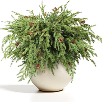 WBHome 12 Pcs Christmas Norfolk Pine Branches with Pine Cones - 18" Real Touch Norfolk Pine Branch- Artificial Xmas Branches Plants Pine Needles for DIY Craft Garland Home Garden Decor