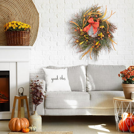 22 Inch Fall Front Door Wreath Mixed Berry Bow Ribbon Wreath Large Harvest Wreath with Pinecone on Grapevine Base for Front Door Farmhouse Wall Window Festival Celebration Christmas Decor