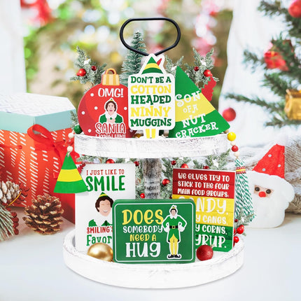 Funny Elf Christmas Decorations, Cute Holiday Tiered Tray Decor, Buddy The Elf Wooden Bead Garland, Farmhouse Decor for Table Mantel, Christmas Elf Wood Signs Party Favor, Novelty White Elephant s
