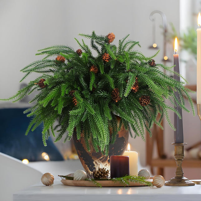 12 Pcs Real Touch Norfolk Pine Branches with Pine Cones,Christmas Artificial Norfolk Pine Stems for Vase,DIY Crafts Faux Greenery Stems for Indoor/Outdoor Christmas Decor.