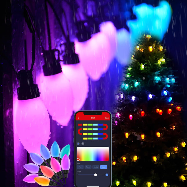 DIY 49Ft 75 LED C9 Connectable Strawberry Fairy String Lights（16.4ft3）,Bluetooth App Controlled,IP65 Waterproof&Music Sync Color Changing for Christmas Decorations