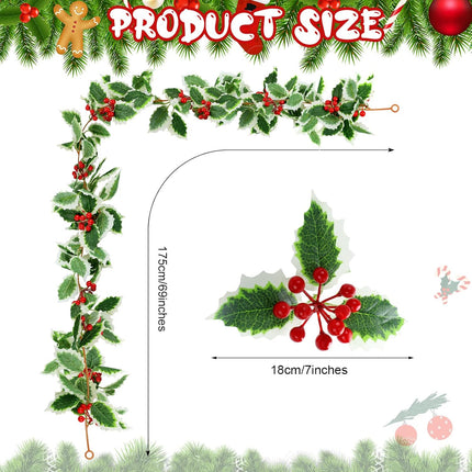 3 Pieces Christmas Garland Red Berry Green Garland 5.7 Ft Artificial Christmas Red Berry Flower Vine Winter Holly Leaves Garland Outdoor for Xmas Christmas Fireplace Home Decor (Fresh Style)