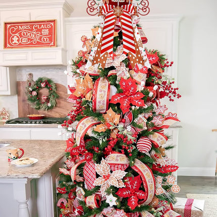 CiyvoLyeen Gingerbread Christmas Tree Topper, Red Top Hat with Candy Cane Gingerbread House Cookies Ornament Bows, Winter Holidays Xmas Tree Home Decoration, 3D Wreath Attachment Festive Ideas