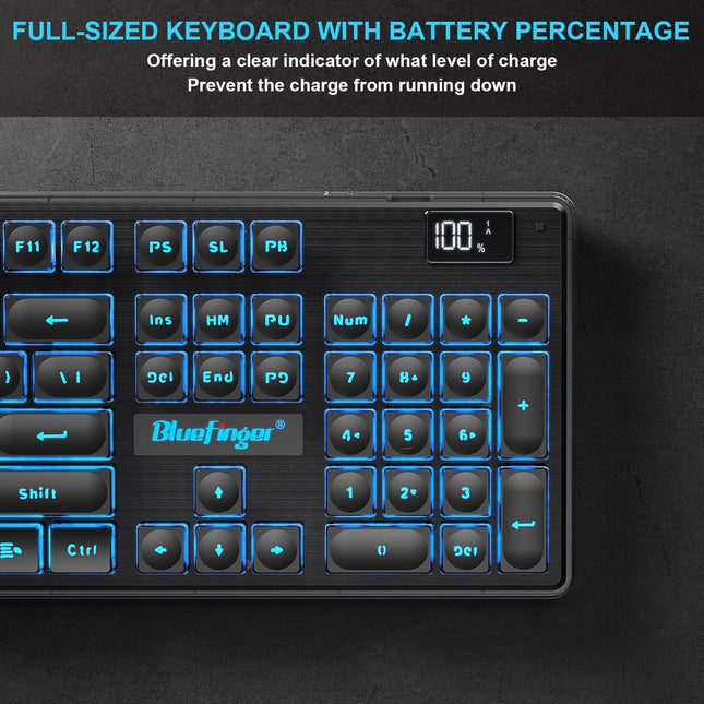Wireless Gaming Keyboard and Mouse Combo, Upgrade Battery Percentage Display, Rechargeable Slim Gaming Keyboard Mouse Set, Light Up Full-Size Keyboard Silent Mouse Set for Computer Laptop