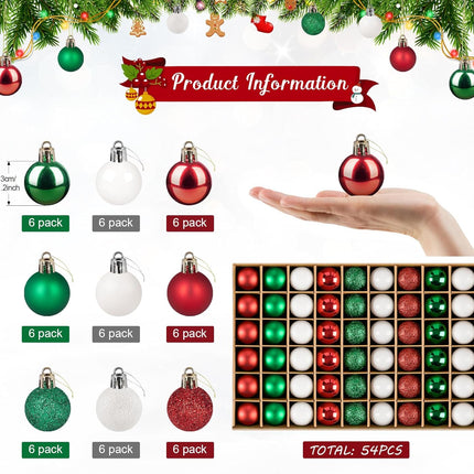Mini Christmas Tree Ornaments,54Pcs Mini Christmas Ball Ornaments with Strings,30mm/1.18-Inch Small Shatterproof Christmas Baubles,Miniature Xmas Christmas Decorations (White, Red, Green)