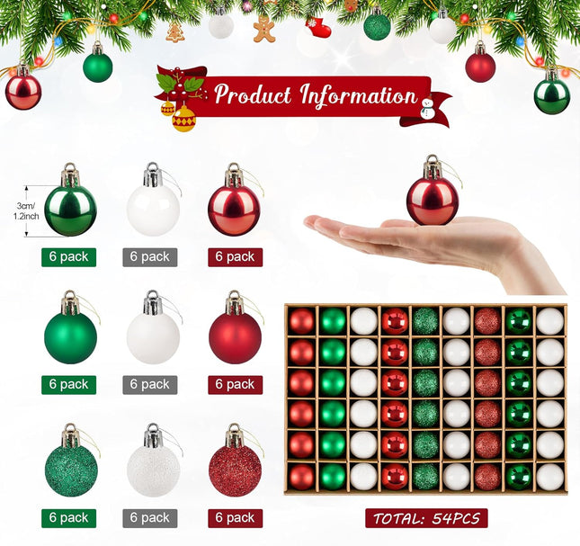 Mini Christmas Tree Ornaments,54Pcs Mini Christmas Ball Ornaments with Strings,30mm/1.18-Inch Small Shatterproof Christmas Baubles,Miniature Xmas Christmas Decorations (White, Red, Green)