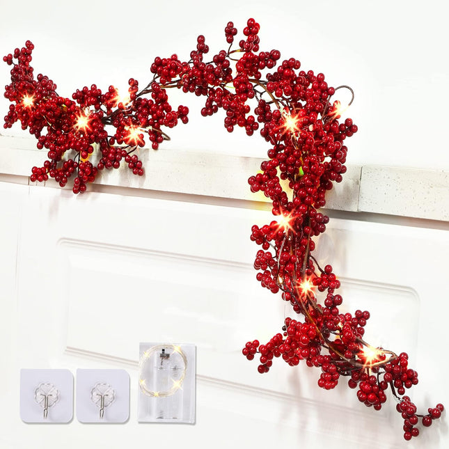 Sggvecsy Red Berry Garland Lighted Burgundy Berry Christmas Garland Artificial Berry Garland 6Ft for Christmas Winter Holiday Fireplace Mantel Table Year Indoor Outdoor Decoration