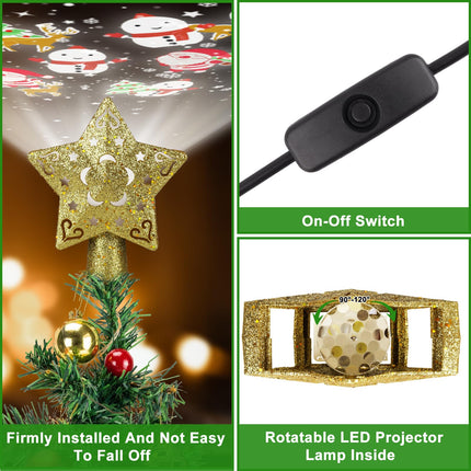Christmas Star Tree Topper Lighted with 4 Projection Modes,Christmas Tree Topper Decoration Built-in LED Rotating Lights,Highlight Gold 3D Glitter Dynamic Projection for Christmas
