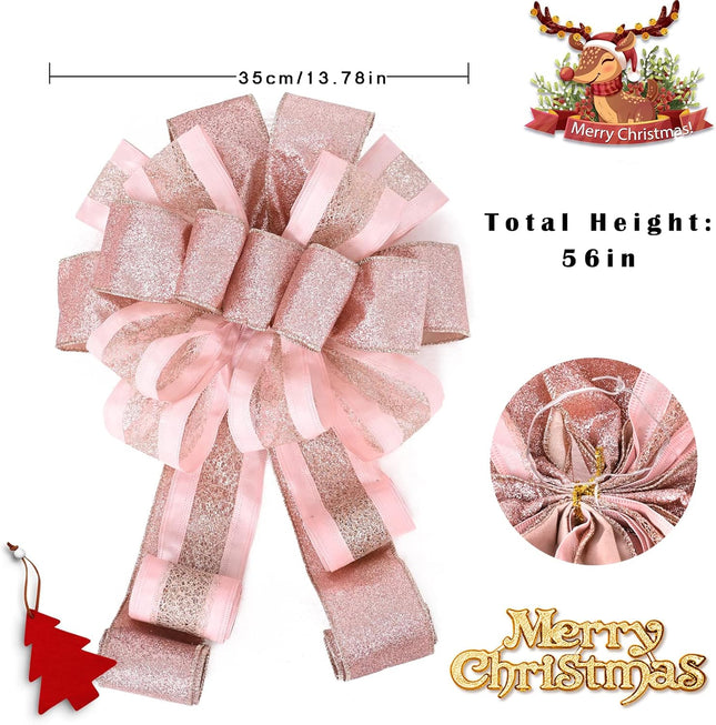 Christmas Tree Topper Bow with Streamers,48x13 Inches Large Toppers Bow for Xmas Home Decor,Rose Gold Polyester Decorative Bow for Christmas Decoration (Rose Gold)