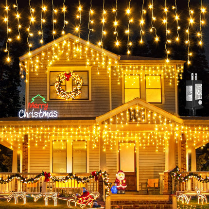 Icicle Christmas Lights Outdoor, 33ft 400 LED Christmas Lights 8 Modes Waterproof with 75 Drops, Plug in Twinkle Fairy String Lights for House Indoor Party Holiday Wedding Decoration, Warm White