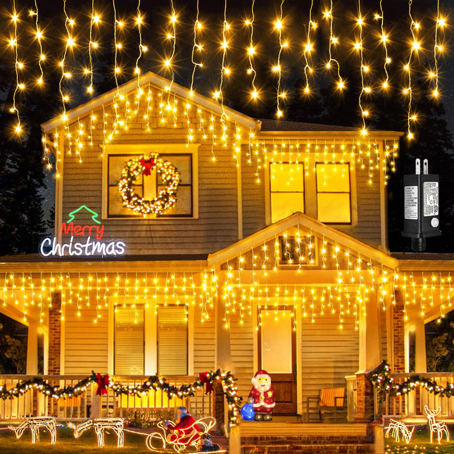 Icicle Christmas Lights Outdoor, 33ft 400 LED Christmas Lights 8 Modes Waterproof with 75 Drops, Plug in Twinkle Fairy String Lights for House Indoor Party Holiday Wedding Decoration, Warm White