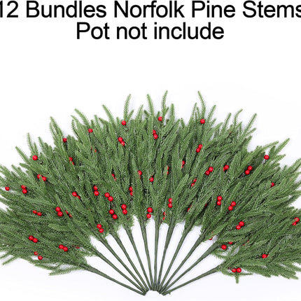 Artificial Faux Christmas Norfolk Pine Evergreen Stems Branches for Vases,12 Bundles Fake Green Real Touch Feel Greenery Stem with Berry for Xmas Holiday Winter Table Indoor Decoration