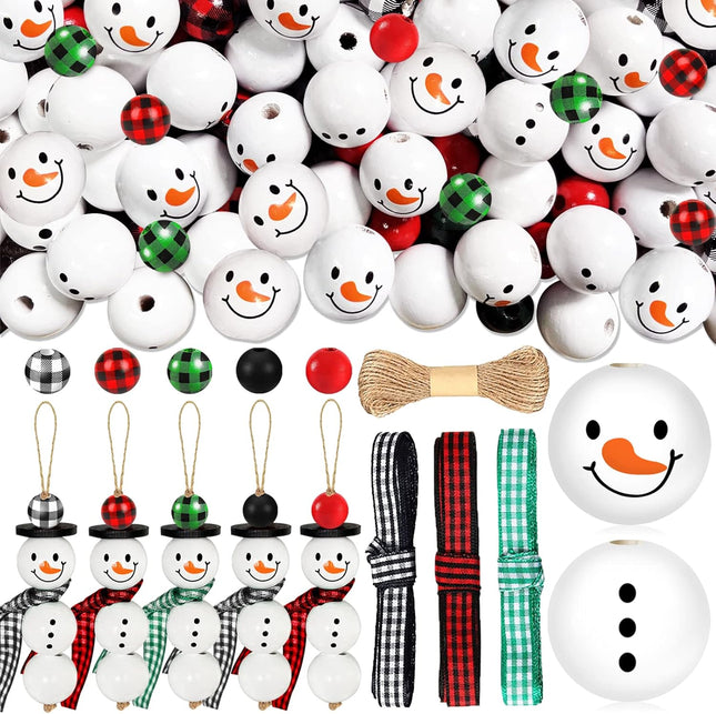TREWAVE 205 Pieces Christmas Snowman Wooden Beads Craft Project Natural Polished Wood Bead with Twine, Winter Christmas Tree Hanging Ornaments, Rustic DIY Garland Decoration for Home (Snowman)
