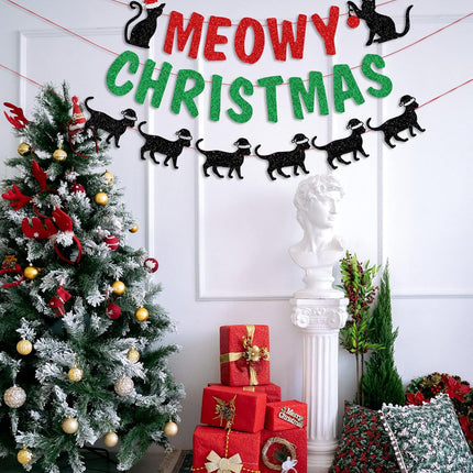 Glittery Meowy Christmas Banner Cat Themed Christmas Party Banner Decorations for Wall Fireplace Party Decor Supplies