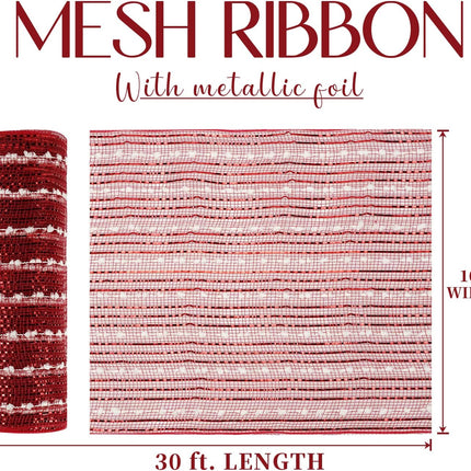 MEEDEE Snow Deco Mesh Ribbon Red Mesh Ribbon Red Deco Mesh 10 Inch Red Metallic Mesh with White Snow Balls for Wreaths Garland Decorating (30 Feet)