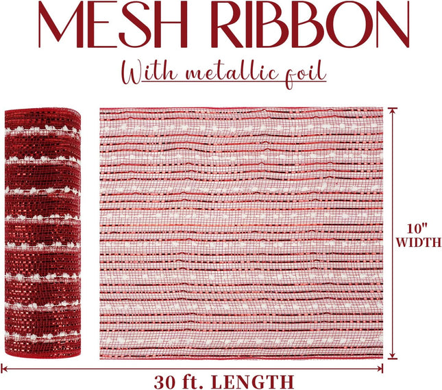 MEEDEE Snow Deco Mesh Ribbon Red Mesh Ribbon Red Deco Mesh 10 Inch Red Metallic Mesh with White Snow Balls for Wreaths Garland Decorating (30 Feet)