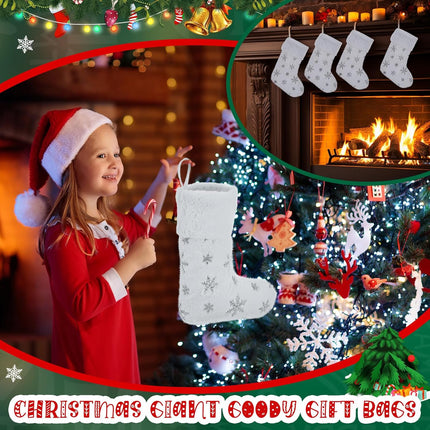 6 Pcs Christmas Stockings with 6 Pcs Stocking Holders Set 20 Inch White Faux Fur Xmas Stockings Embroidered Snowflake Xmas Stocking Large Family Holiday Fireplace Hanging Decor(Silver,Cute)