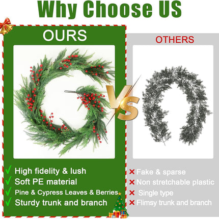 Norfolk Pine Garlands with Red Berries, 6Ft Artificial Soft Christmas Pine Cypress Garland, Green Real Touch Greenery Garland for Table, Mantle, Staires Railing, Indoor/Outdoor Christmas Decorations.