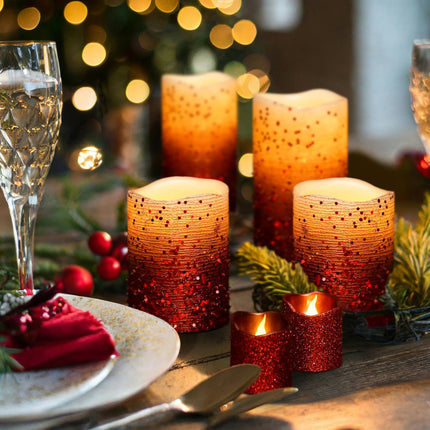 FURORA LIGHTING Red Glitter Real Wax LED Candles with Remote and 6/18 Timer, 4 Pillars and 4 Votives Pack of 8, Flameless Flickering Candles for Home Décor, Battery Included