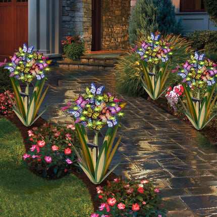 Solar Metal Agave Butterfly Flower Stick Garden Sculpture Outdoor Solar Garden Christmas Lights Swaying Butterfly Garden Lights Solar Outdoor (2 PCS Light Green)