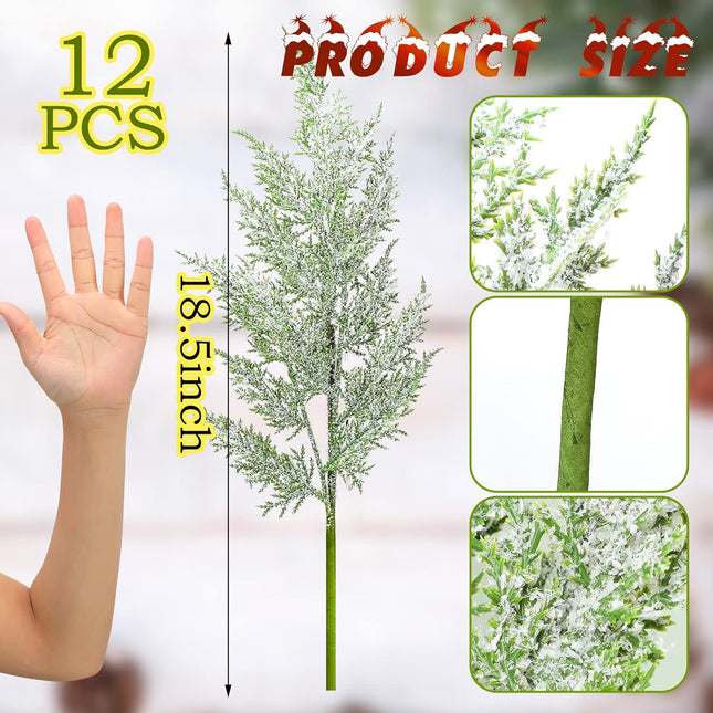 Yinder 12 Pcs 18.5 Inch Snowy Faux Cedar Branches Frosted Artificial Cedar Picks and Sprays Cedar Twigs Stems Christmas Greenery Stems Green Artificial Cedar Sprigs for Christmas Holiday (Classic)