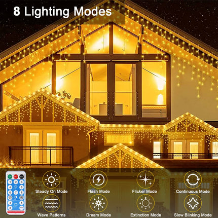 JIMACRO Solar String Lights, 32pcsx2.6FT 256 LED Curtain Lights with Remote, 23FT Waterproof Fairy Curtain Lights for Backdrop, 8 Modes Christmas LED Fairy Lights for Wall Eaves Wedding Party Decor
