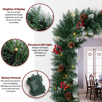 9FT Artificial Christmas Garland Pre-Lit with 50 LED Lights, Battery Powered, Decorated with Snowflakes, Pine Cones, Red Berries, Needle for Mantle Stairs, Indoor Outdoor Decorations