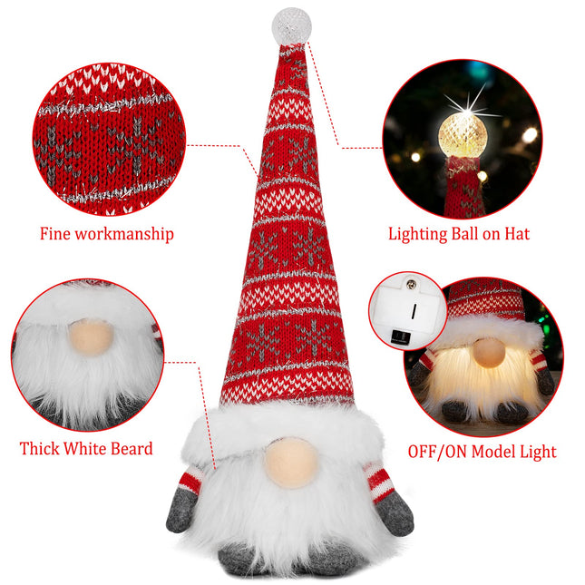 BAODLON Christmas Gnome Decorations with Light, 13.4 Inches Set of 2 Knitted Hat Nisse Figurine Plush Swedish Nordic Tomte Scandinavian Elf X'Mas Holiday Party Home Table Decor Ornaments (Red & Grey)