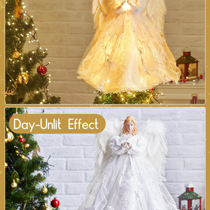 Christmas Tree Topper Angel with Lights, Xmas Tree Toppers Decorations Ornament with White Feather Wings, Plug in Christmas Tree Angel Treetop for Indoor Office Holiday