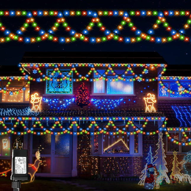 XTF2015 Christmas Lights Outdoor Color Changing 40FT 380 LED Christmas String Lights Extendable 8 Modes, Waterproof Half-Round Christmas Lights for House Roof Eaves Garden Patio(Multicolor)