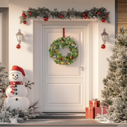 Christmas Wreath with Lights, Artificial Christmas Door Wreath with 30 LED Lights, Pre-Lit Battery Operated Outdoor Christmas Wreath Lighted, 18Inch